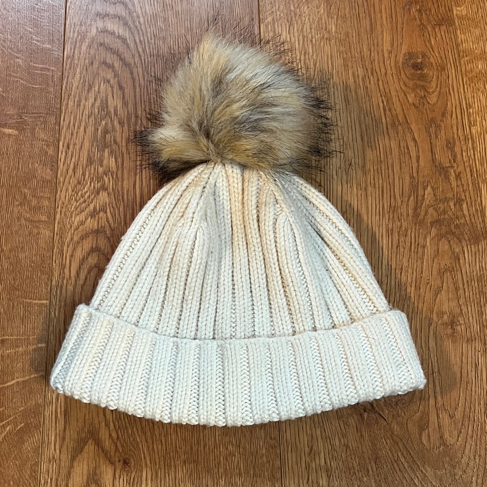 J. Crew Ivory Ribbed Knit Beanie with Faux Fur Pom